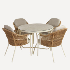 Conjunto mesa Olivia redonda y sillones de exterior en aluminio blanco roto