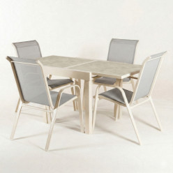 Découvrez l’élégance en plein air avec la table de jardin 90x90-180 et 4 fauteuils à dossier haut blanc cassé. 2